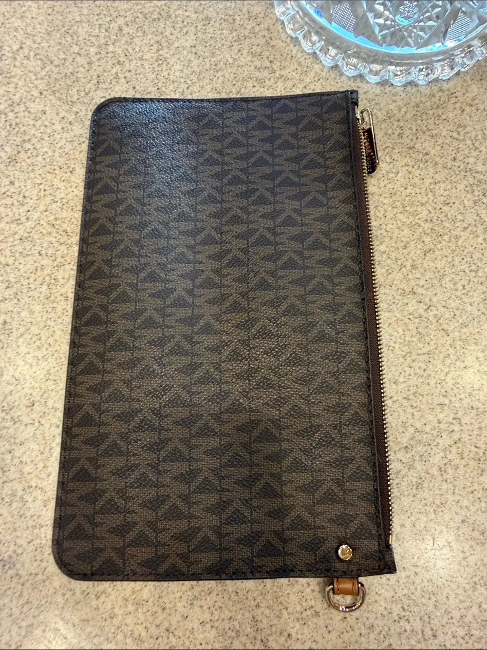 Michael Kors brown Signature Logo Zip Pouch 3 card slots, no strap, gold